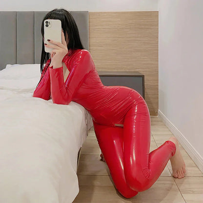 LacyMate™ Shiny Zip-Up Latex Bodysuit