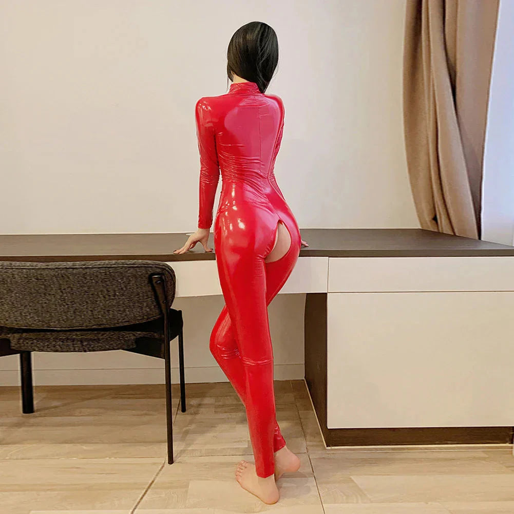 LacyMate™ Shiny Zip-Up Latex Bodysuit