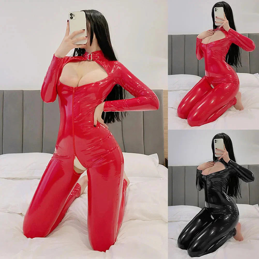 LacyMate™ Shiny Zip-Up Latex Bodysuit
