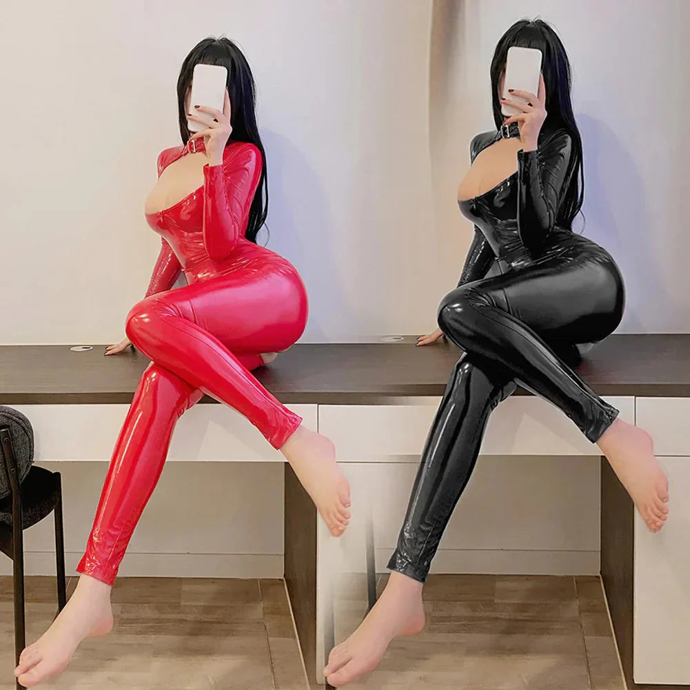 LacyMate™ Shiny Zip-Up Latex Bodysuit