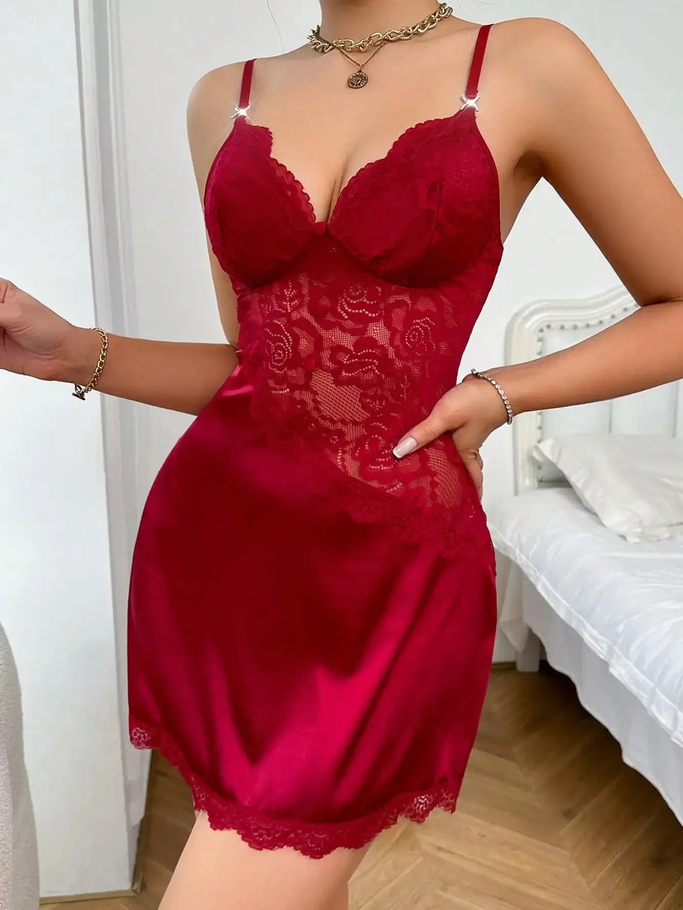 LacyMate™ Wine Red V-Neck Nightdress