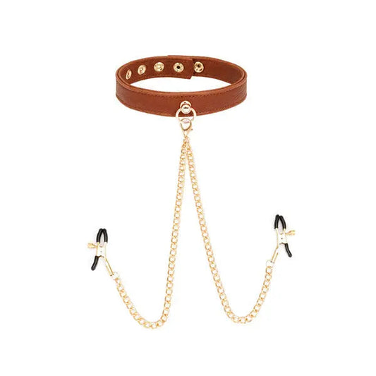 LacyMate™ Brown Leather Collar & Nipple Clamps